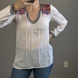 Biya Johnny Was Womens Embroidered Tunic Top Shirt Size XS White Cotton Gauze